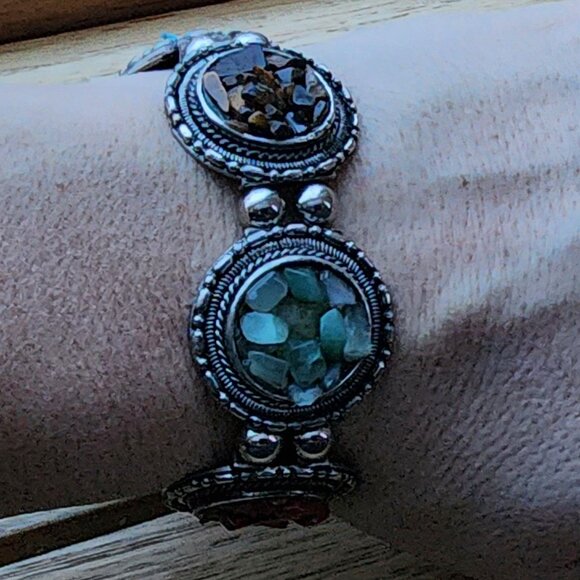 Vintage Mixed Stone Chips Stretch Silver Tone Bracelet - Picture 15 of 16